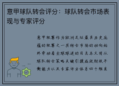 意甲球队转会评分：球队转会市场表现与专家评分